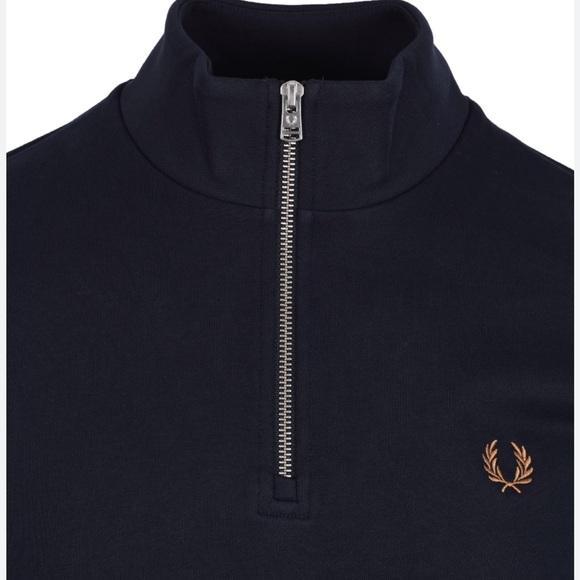 Fred Perry All Cotton Navy with Caramel quarter Zip - New! - Picture 1 of 4